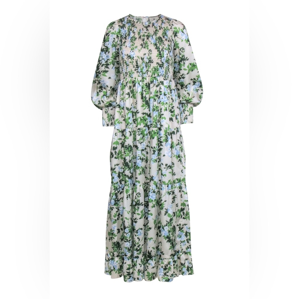 Tuckernuck - Beige w/ Blue & Green Floral Print Smocked Dress Sz XS - Picture 4 of 15